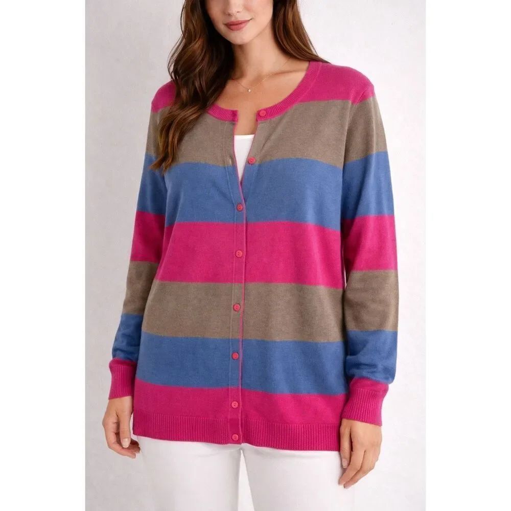 Bonita Striped Cardigan XL Pink Blue Brown Lightweight Button Front Sweater